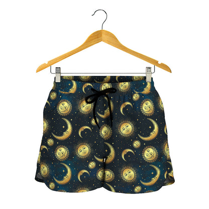 Vintage Moon And Sun Pattern Print Women's Shorts
