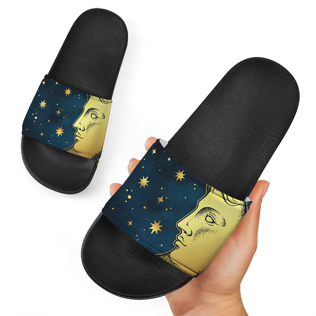 Vintage Moon And Sun Print Black Slide Sandals