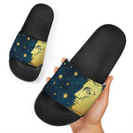 Vintage Moon And Sun Print Black Slide Sandals