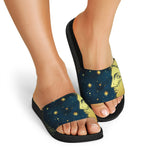 Vintage Moon And Sun Print Black Slide Sandals