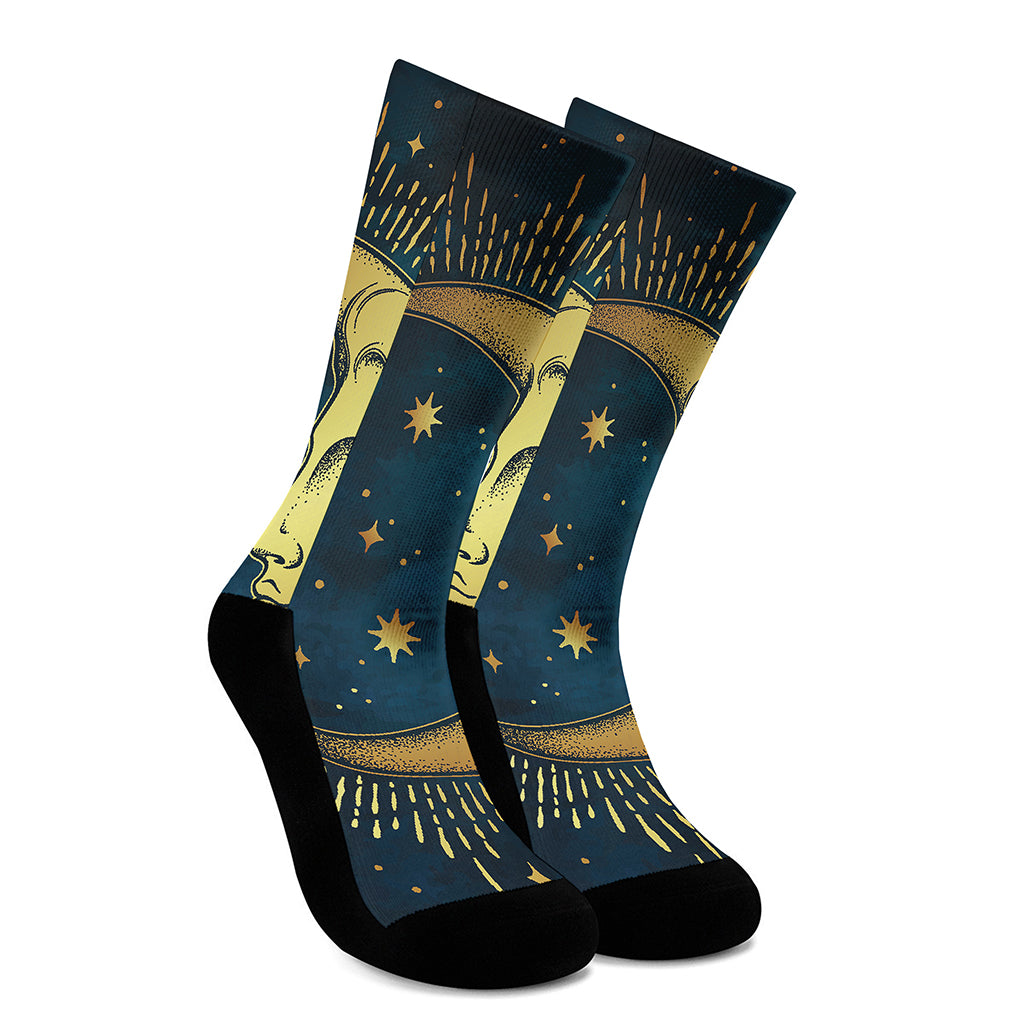 Vintage Moon And Sun Print Crew Socks