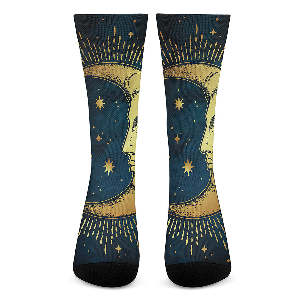 Vintage Moon And Sun Print Crew Socks