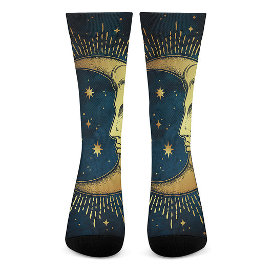 Vintage Moon And Sun Print Crew Socks