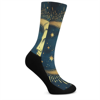 Vintage Moon And Sun Print Crew Socks