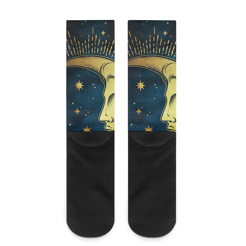 Vintage Moon And Sun Print Crew Socks
