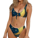 Vintage Moon And Sun Print Front Bow Tie Bikini