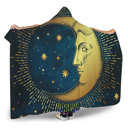 Vintage Moon And Sun Print Hooded Blanket