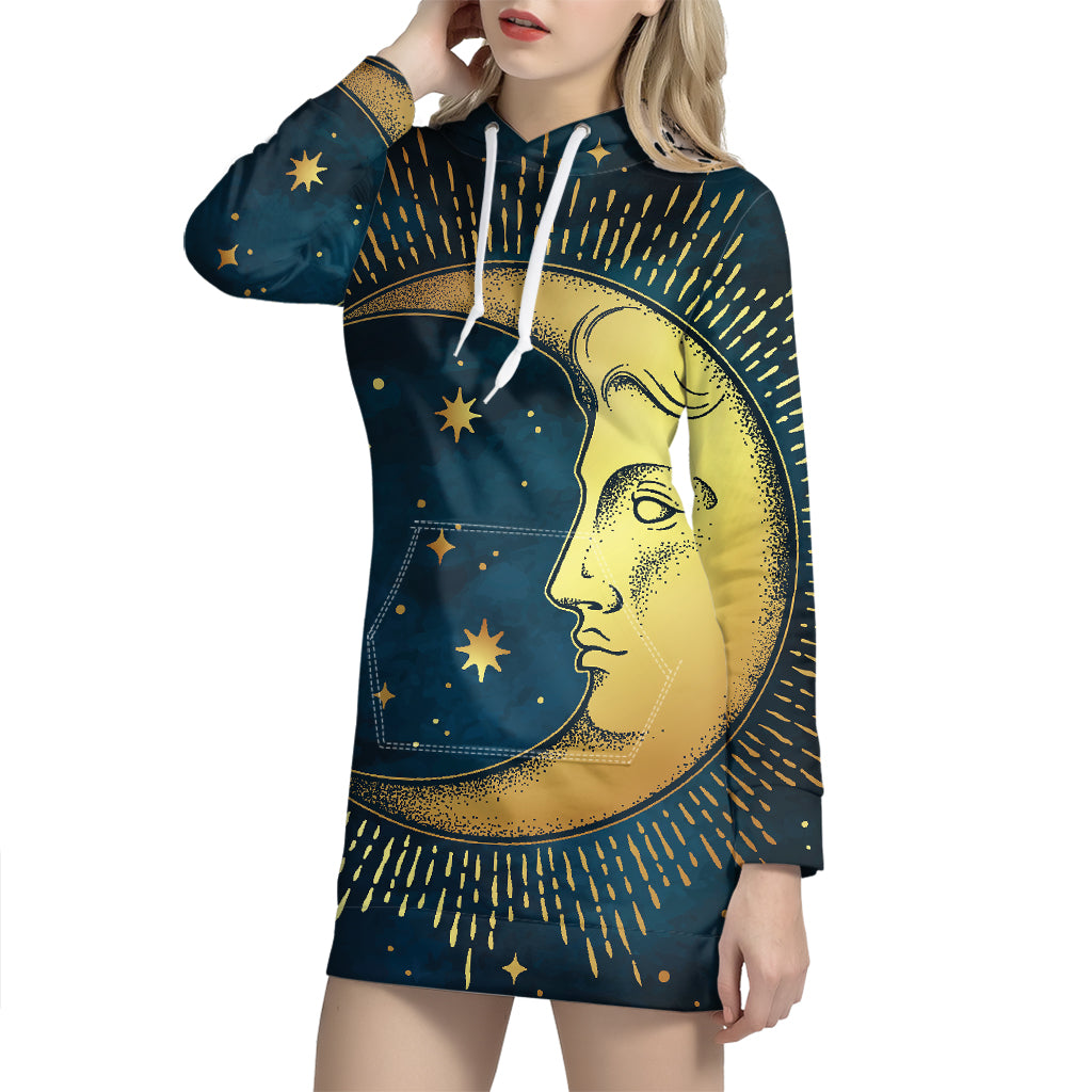 Vintage Moon And Sun Print Pullover Hoodie Dress