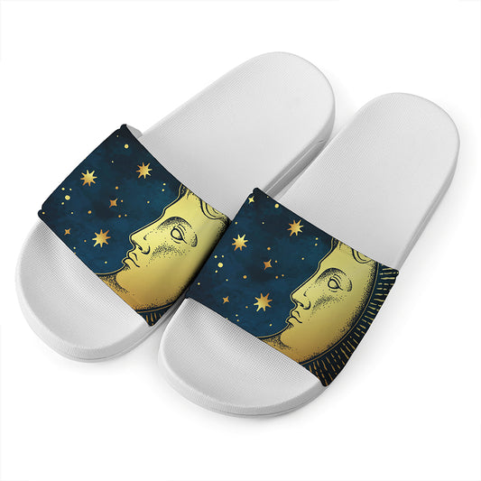 Vintage Moon And Sun Print White Slide Sandals
