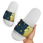 Vintage Moon And Sun Print White Slide Sandals