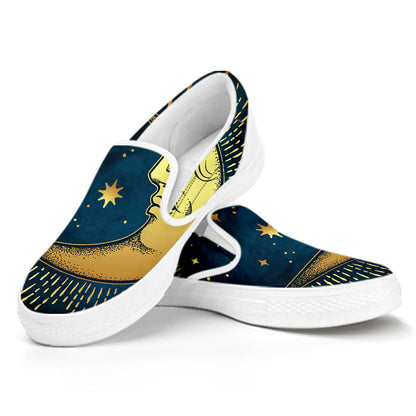 Vintage Moon And Sun Print White Slip On Shoes