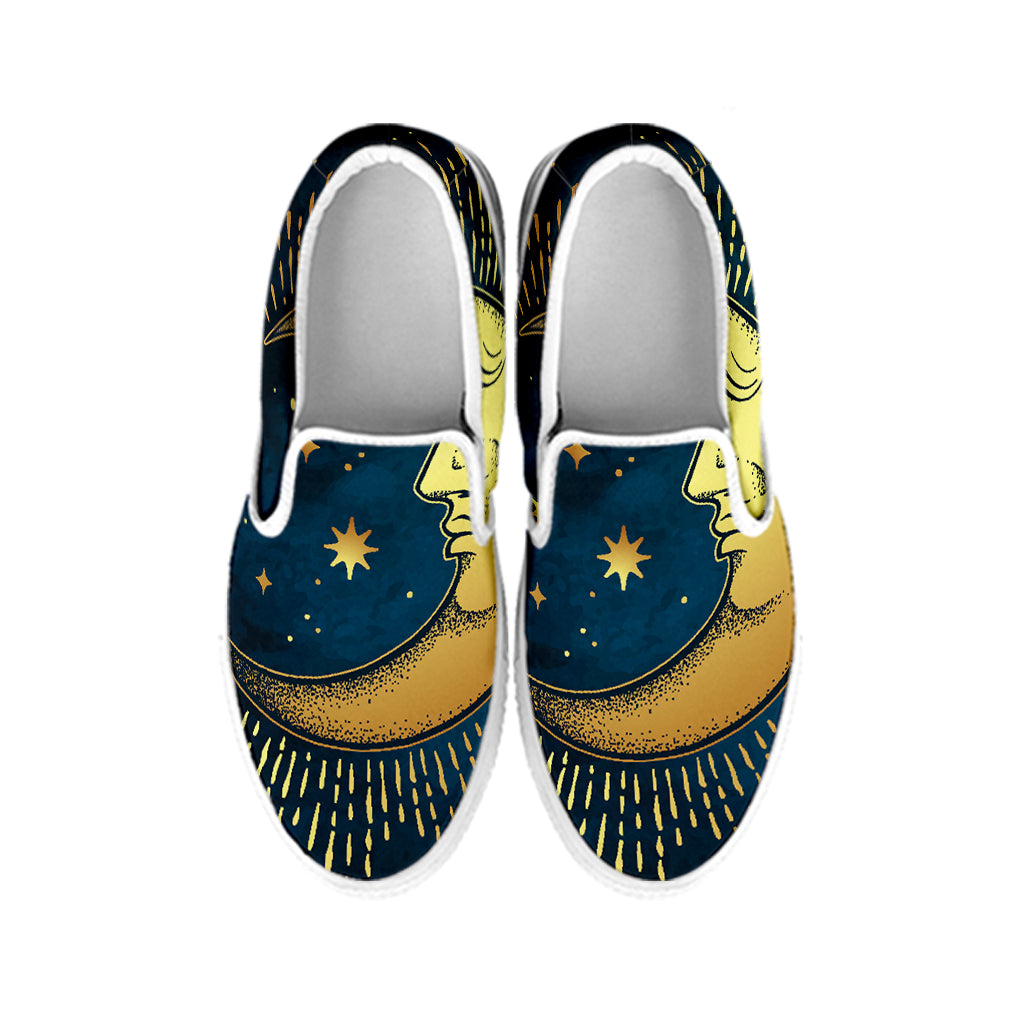 Vintage Moon And Sun Print White Slip On Shoes