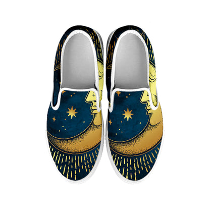 Vintage Moon And Sun Print White Slip On Shoes