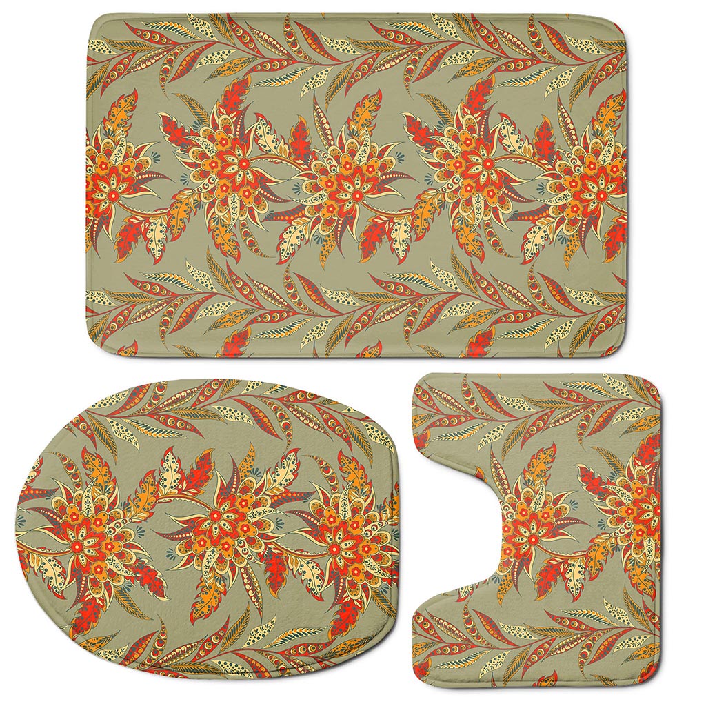 Vintage Orange Bohemian Floral Print 3 Piece Bath Mat Set