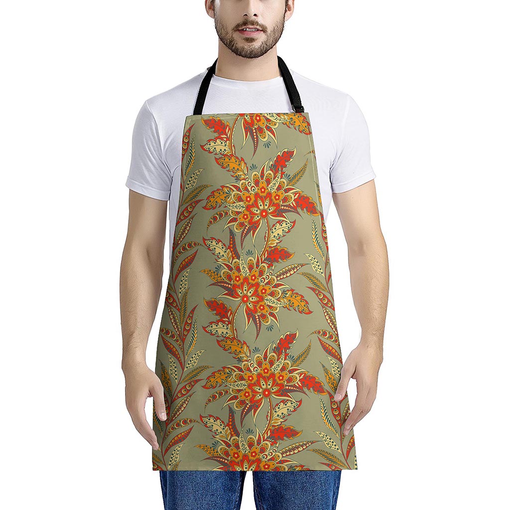 Vintage Orange Bohemian Floral Print Apron