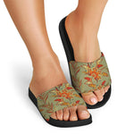 Vintage Orange Bohemian Floral Print Black Slide Sandals