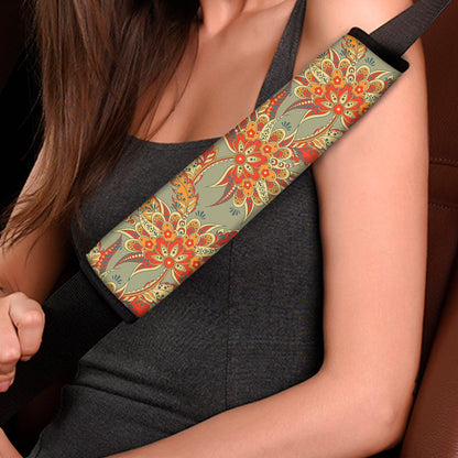 Vintage Orange Bohemian Floral Print Car Seat Belt Covers
