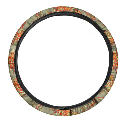Vintage Orange Bohemian Floral Print Car Steering Wheel Cover