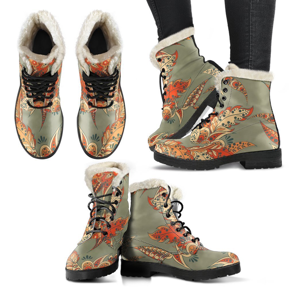 Vintage Orange Bohemian Floral Print Comfy Boots GearFrost