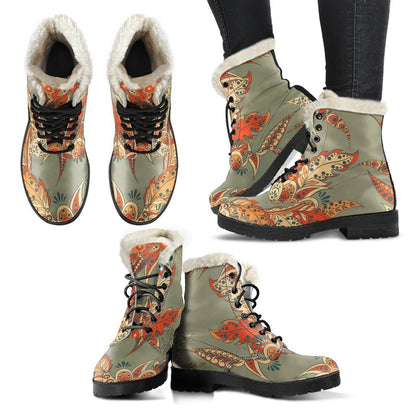 Vintage Orange Bohemian Floral Print Comfy Boots GearFrost