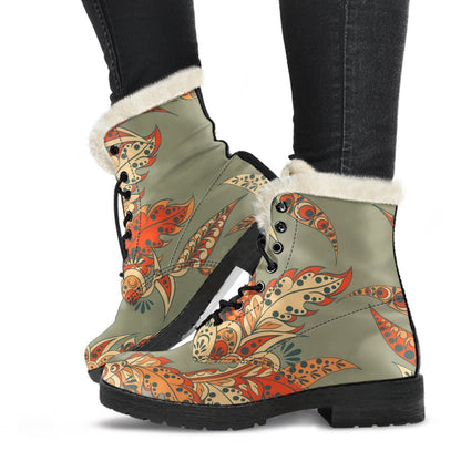 Vintage Orange Bohemian Floral Print Comfy Boots GearFrost