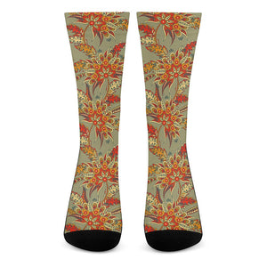 Vintage Orange Bohemian Floral Print Crew Socks