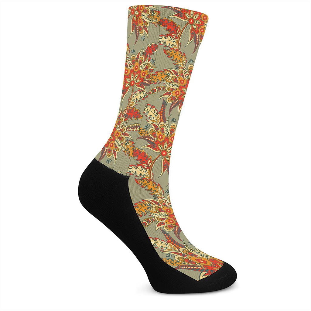 Vintage Orange Bohemian Floral Print Crew Socks
