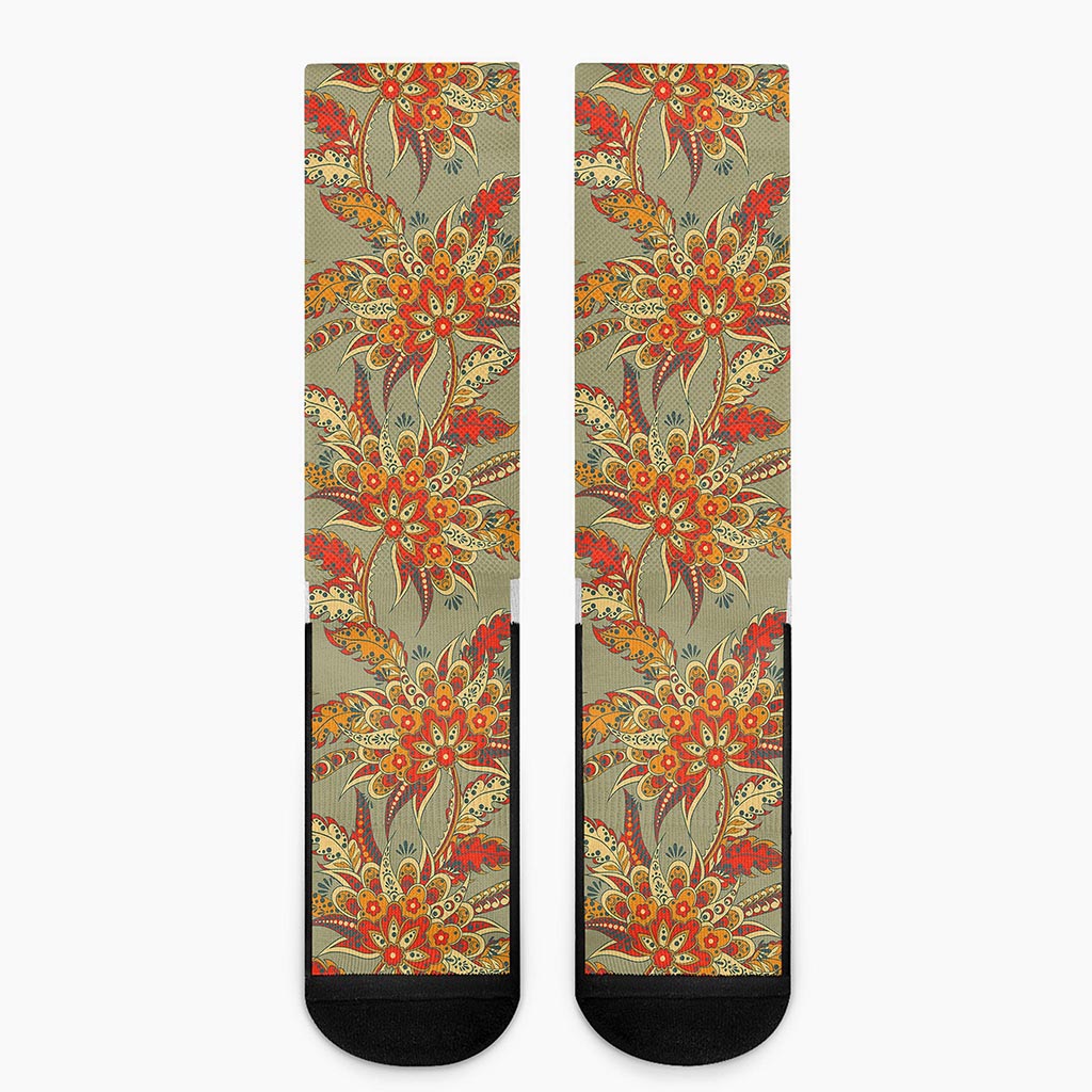 Vintage Orange Bohemian Floral Print Crew Socks