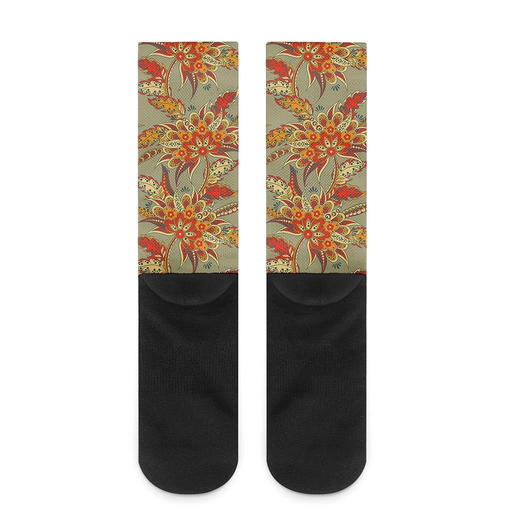 Vintage Orange Bohemian Floral Print Crew Socks