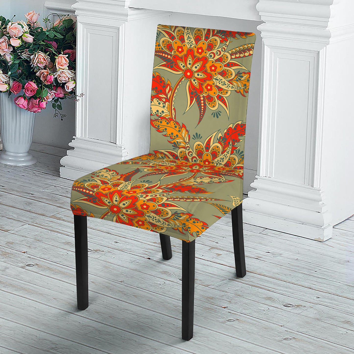 Vintage Orange Bohemian Floral Print Dining Chair Slipcover