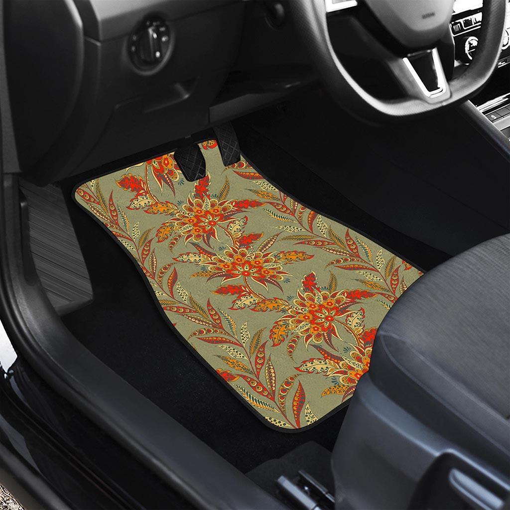 Vintage Orange Bohemian Floral Print Front and Back Car Floor Mats
