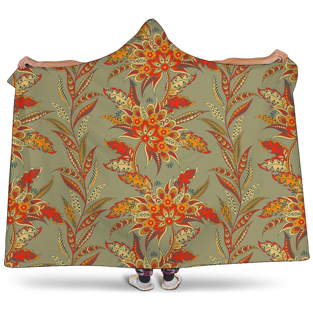 Vintage Orange Bohemian Floral Print Hooded Blanket