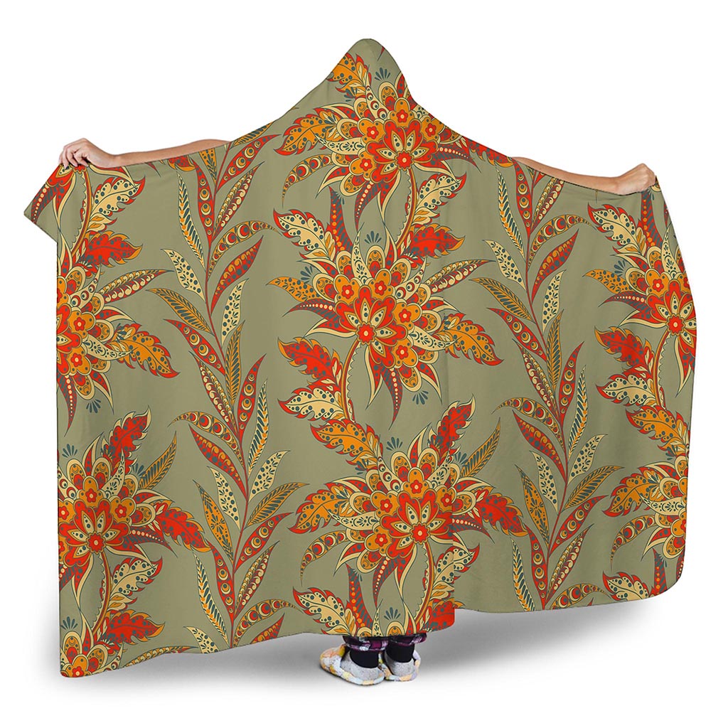 Vintage Orange Bohemian Floral Print Hooded Blanket