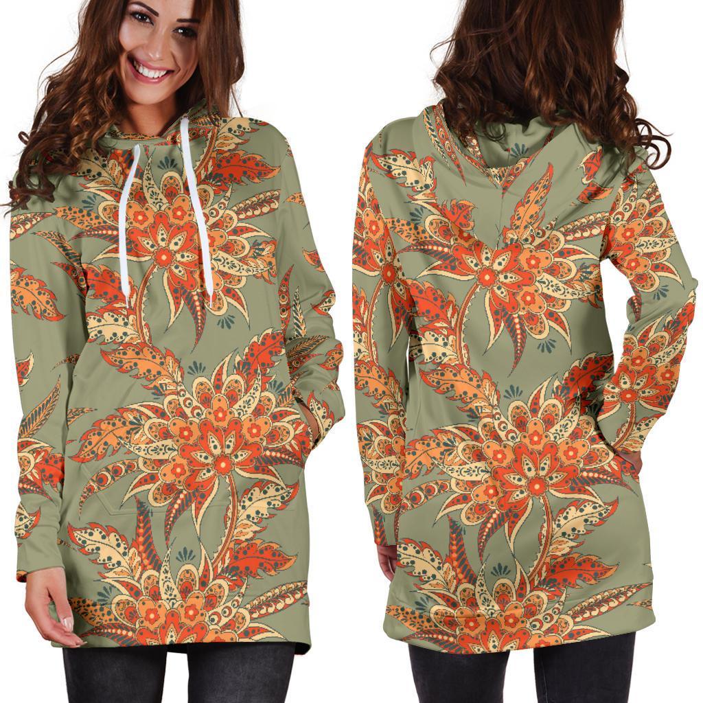 Vintage Orange Bohemian Floral Print Hoodie Dress GearFrost