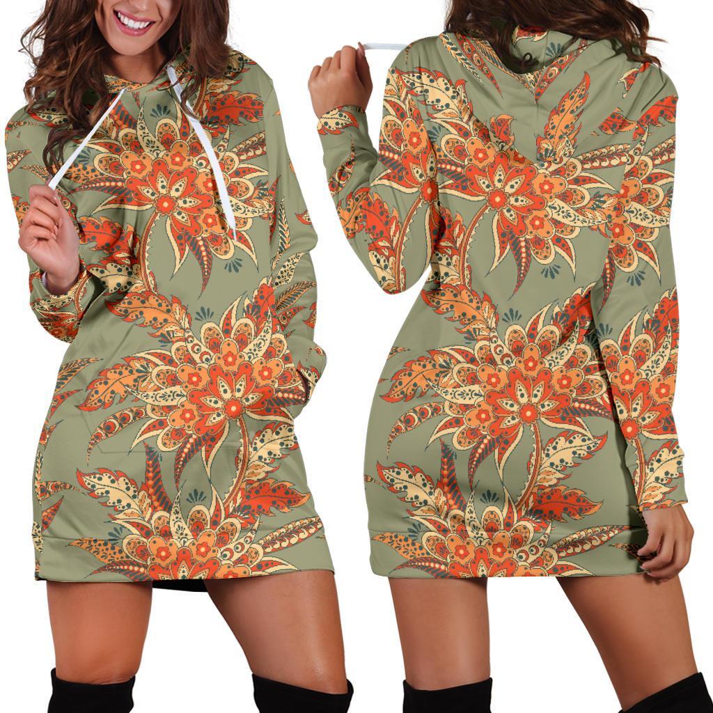 Vintage Orange Bohemian Floral Print Hoodie Dress GearFrost