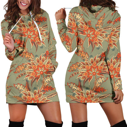 Vintage Orange Bohemian Floral Print Hoodie Dress GearFrost