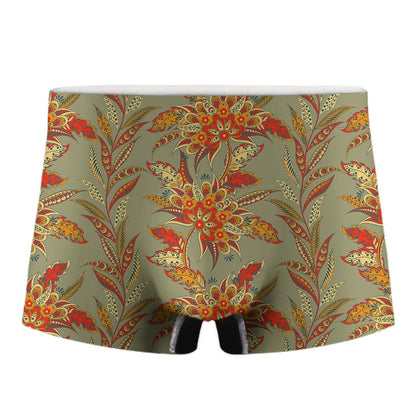 Vintage Orange Bohemian Floral Print Men's Boxer Briefs