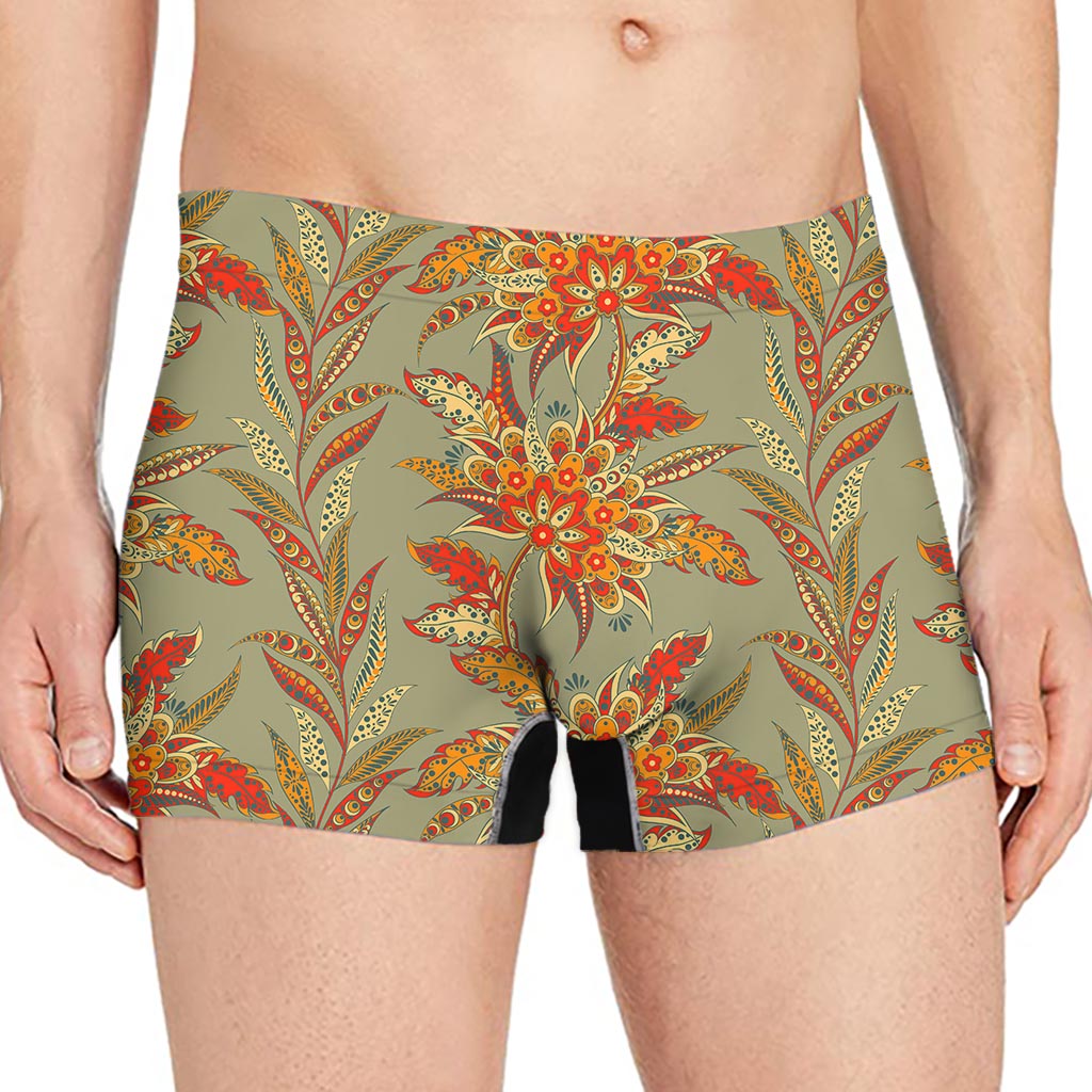 Vintage Orange Bohemian Floral Print Men's Boxer Briefs