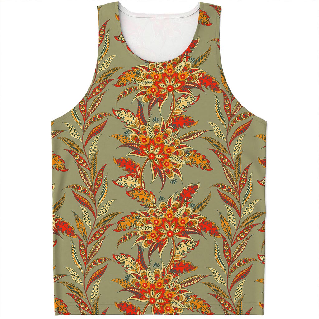 Vintage Orange Bohemian Floral Print Men's Tank Top