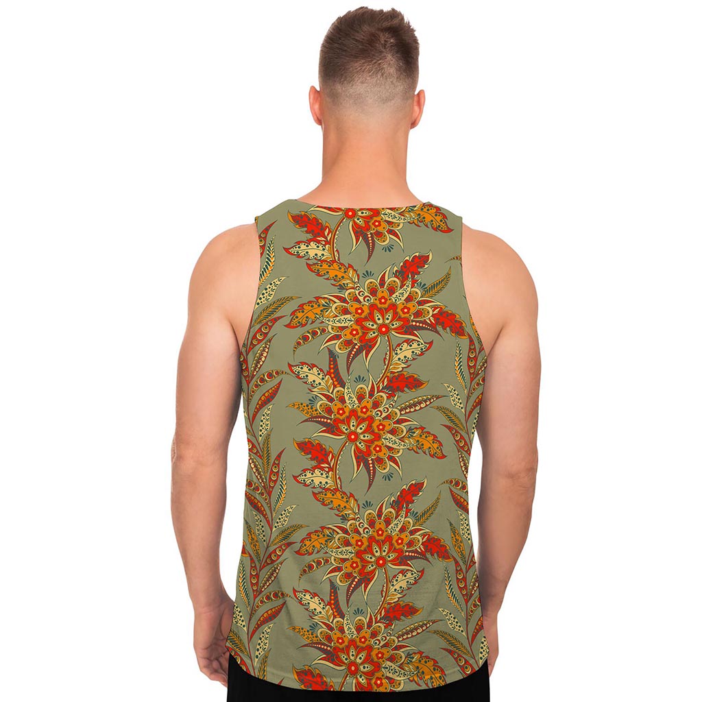 Vintage Orange Bohemian Floral Print Men's Tank Top