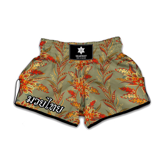 Vintage Orange Bohemian Floral Print Muay Thai Boxing Shorts
