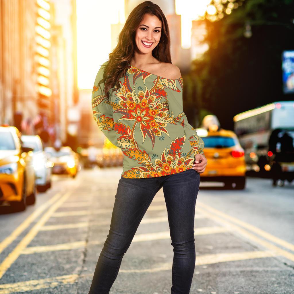 Vintage Orange Bohemian Floral Print Off Shoulder Sweatshirt GearFrost