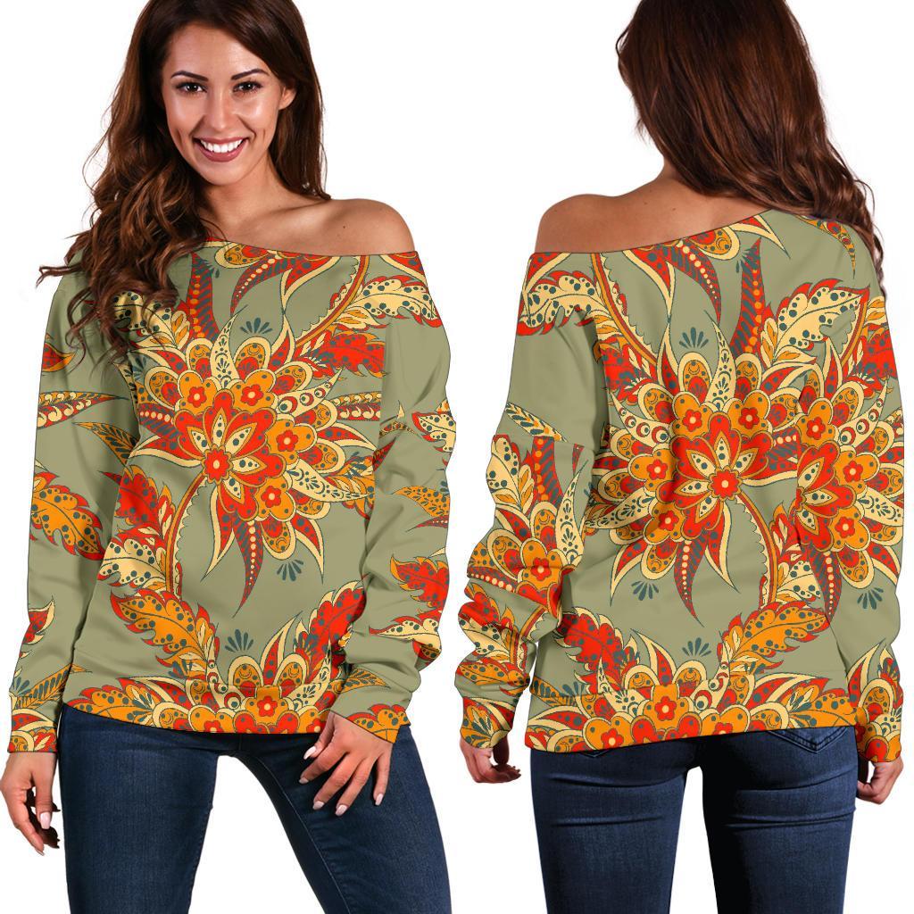 Vintage Orange Bohemian Floral Print Off Shoulder Sweatshirt GearFrost