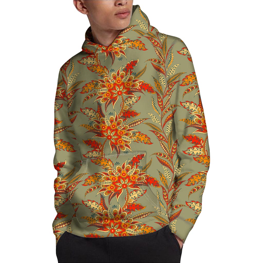 Vintage Orange Bohemian Floral Print Pullover Hoodie