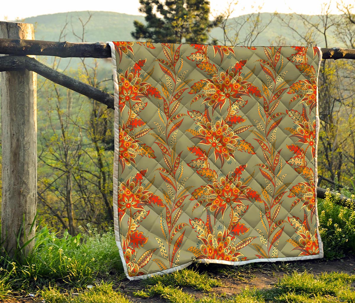 Vintage Orange Bohemian Floral Print Quilt