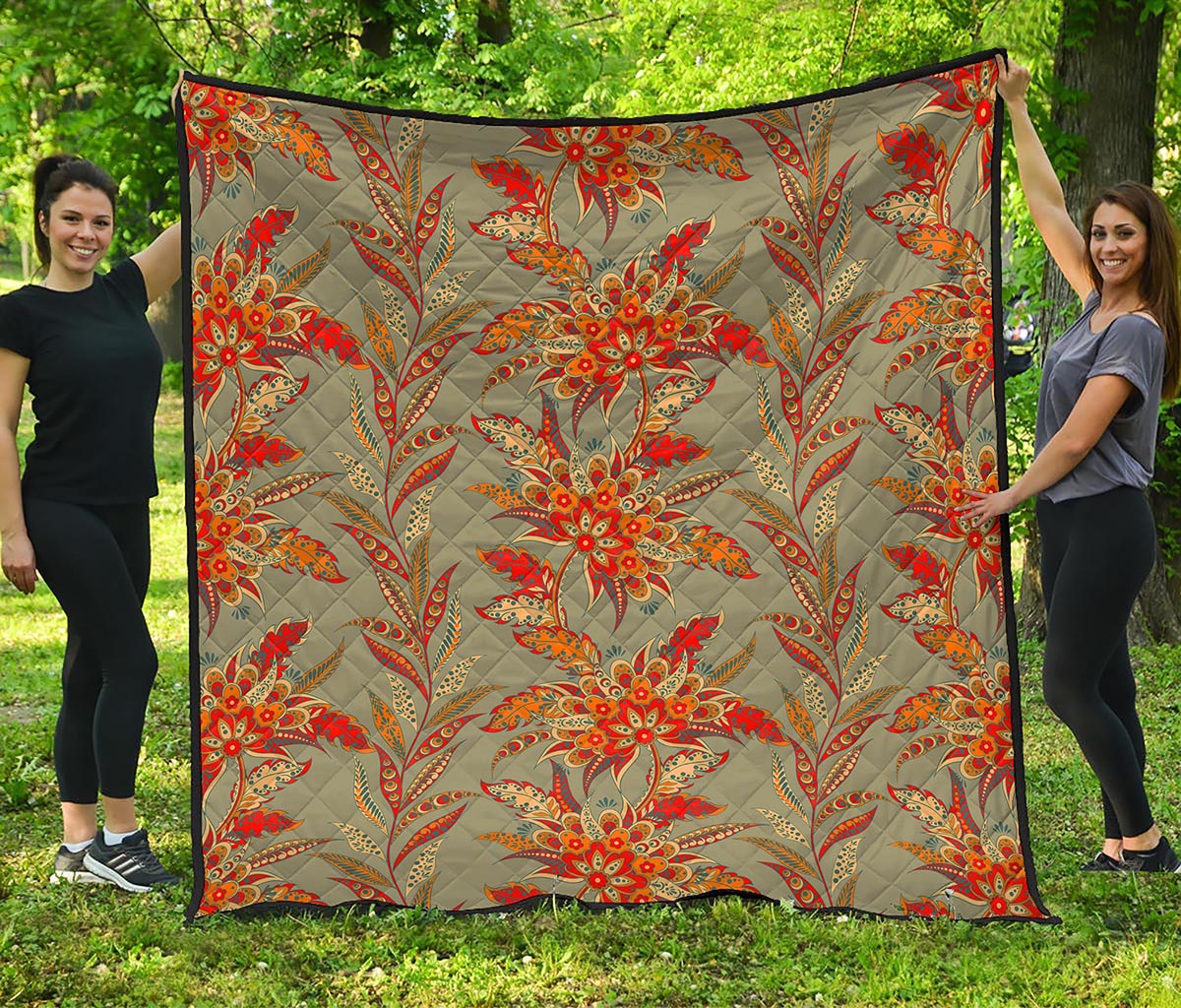 Vintage Orange Bohemian Floral Print Quilt