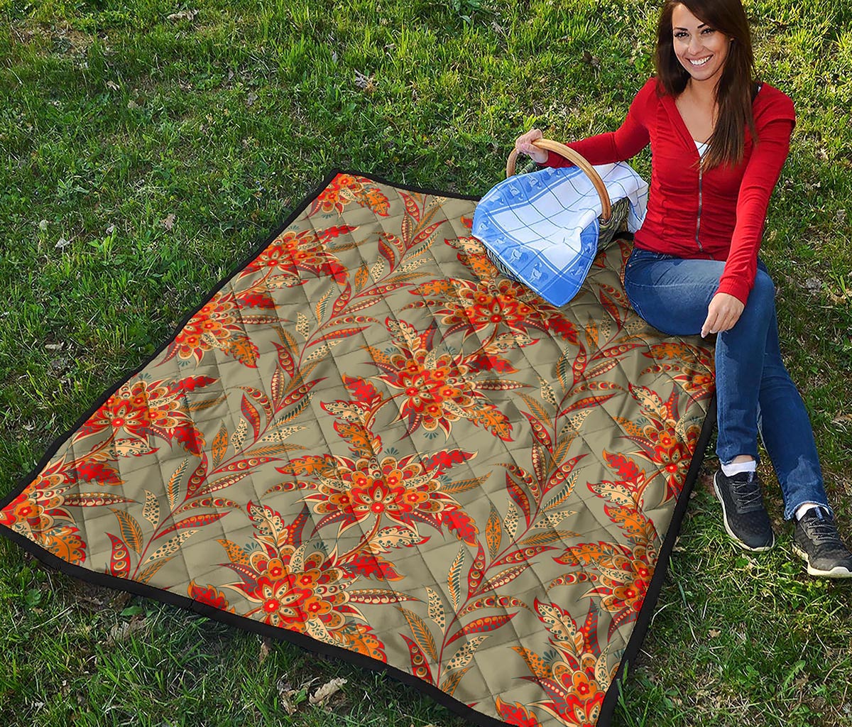 Vintage Orange Bohemian Floral Print Quilt