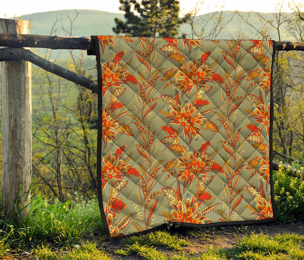 Vintage Orange Bohemian Floral Print Quilt