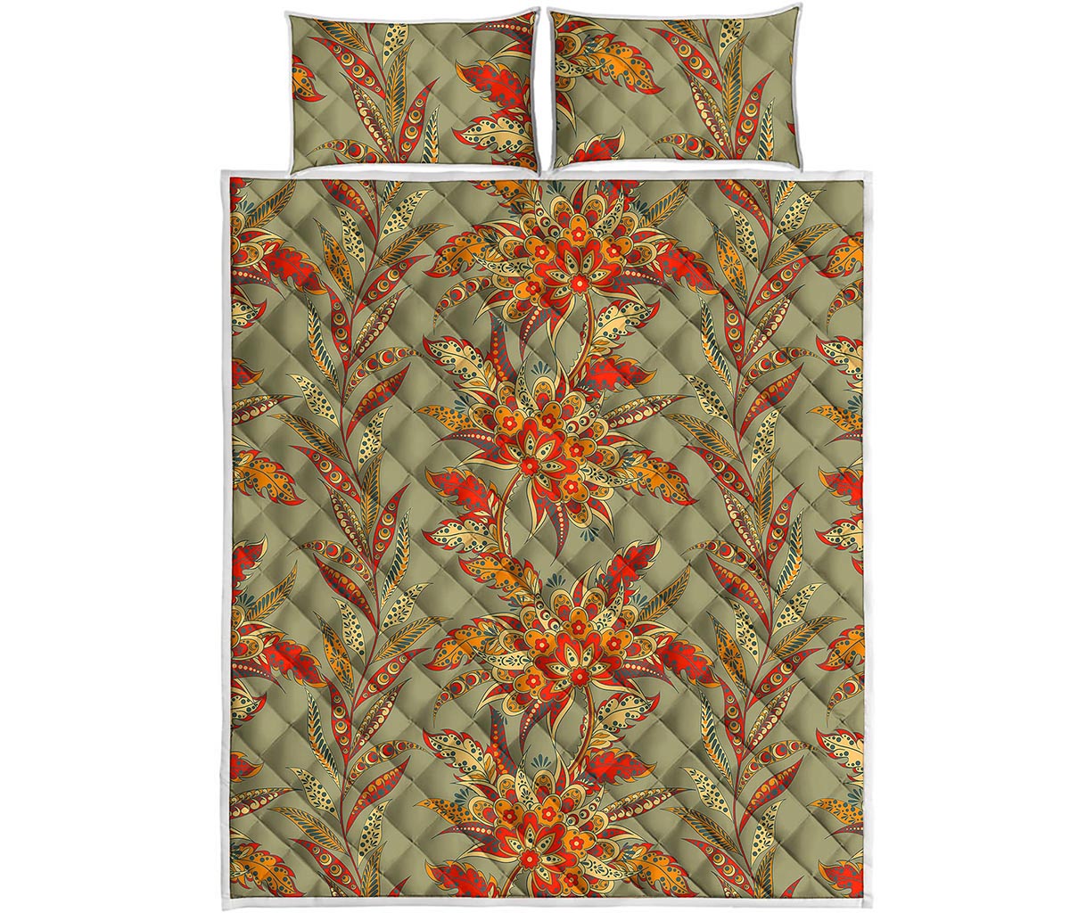 Vintage Orange Bohemian Floral Print Quilt Bed Set