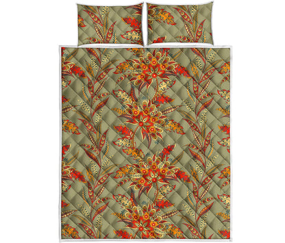 Vintage Orange Bohemian Floral Print Quilt Bed Set